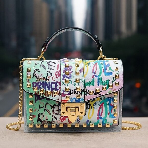 Handbags - Graffiti Print Clear 2pc Crossbody Clutch w/ Studs & Removable Zippered Pouch
